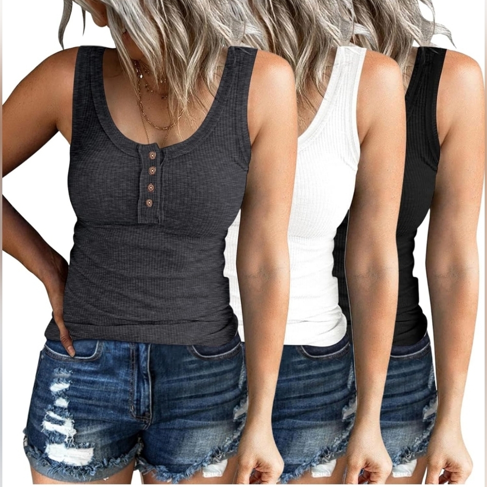 Set of 3 Women's Sleeveless Ribbed Tank Tops - Dark Grey, White and Beige